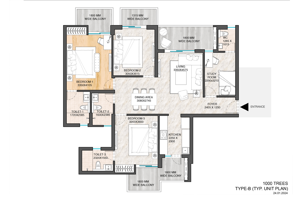 ATS Homekraft Sanctuary 105 3BHK Floor Plan Type-B